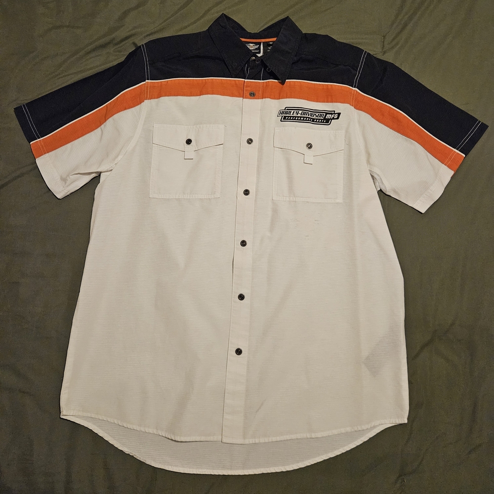 Harley-Davidson Short Sleeve Button-Down Shirt in White, Black & Orange